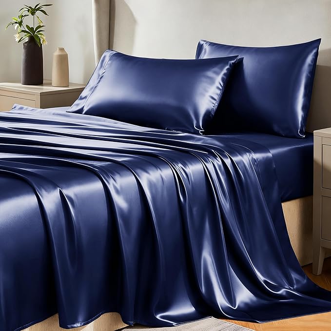 CozyLux Satin Sheets Twin Sheet Set - 3 Piece Silky Twin Bed Sheets, Luxury Navy Blue Sheet Twin Size Bed Set with Smooth and Soft Microfiber, Includes 1 Fitted Sheet, 1 Flat Sheet and 1 Pillowcase