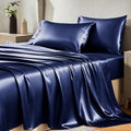 CozyLux Satin Sheets King Size Sheet Set - 4 Piece Silky King Sheets, Luxury Navy Blue King Bed Set with Smooth and Soft Microfiber, Includes 1 Fitted Sheet, 1 Flat Sheet and 2 Pillowcases