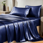 CozyLux Satin Sheets King Size Sheet Set - 4 Piece Silky King Sheets, Luxury Navy Blue King Bed Set with Smooth and Soft Microfiber, Includes 1 Fitted Sheet, 1 Flat Sheet and 2 Pillowcases
