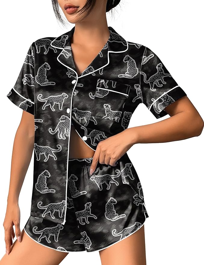 Ekouaer Womens Silk Satin Pajama Set Print Short Sleeve Sleepwear Button Down Pjs Shorts Set Loungewear