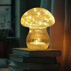 Glass Mushroom Table Lamp, 5.9" Cute LED Night Light for Home Decor, Battery Operated (3 AA), Modern Ambient Light for Living Room Bedroom Office Clear