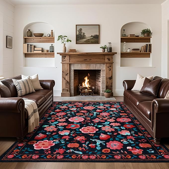 CRYPTOLITE 8x10 Area Rug for Living Room Clearance, Modern Washable Rug Non Slip Low Pile Floral Rugs for Living Room, Bedroom, Farmhouse, Dining Room, Kids Playroom, Black