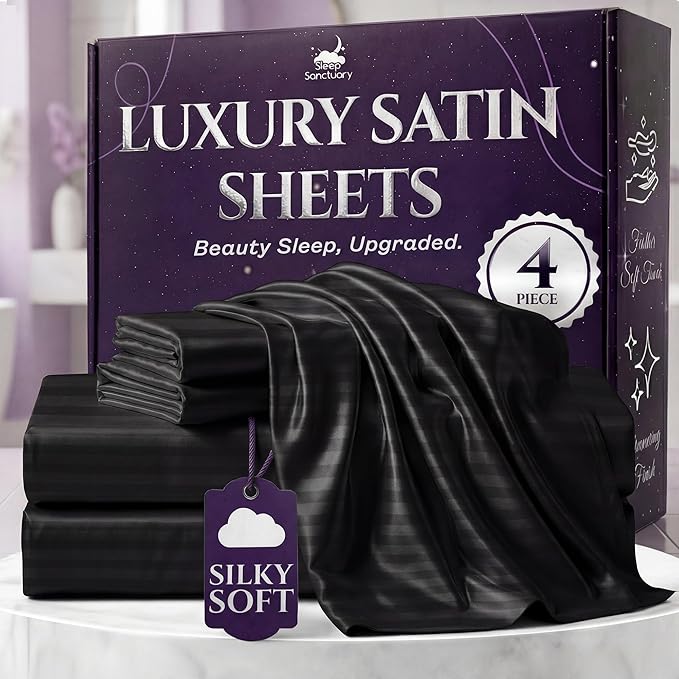 SLEEP SANCTUARY Satin Sheets King Size – 4 Piece Luxury Silky Bed Set, Softer Than Silk, 15" Deep Pocket, Cooling & Wrinkle-Free, Moisture-Wicking & Breathable for Hair & Skin (Striped Black)
