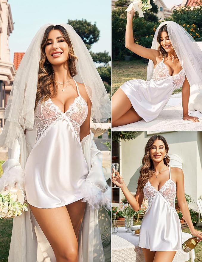Avidlove Women Lingerie V Neck Sexy Nightwear Satin Sleepwear Lace Chemise Mini Babydoll Nightgown