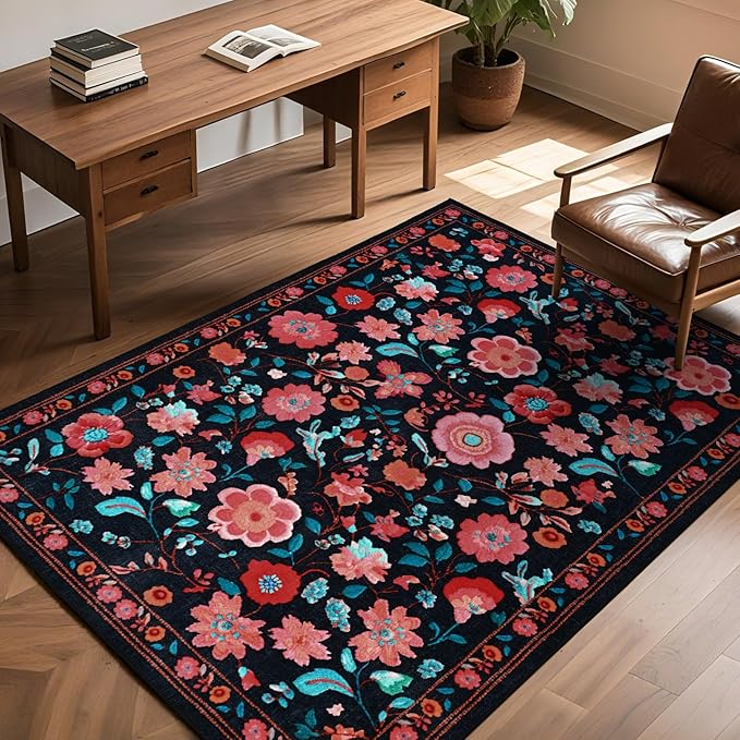 CRYPTOLITE Living Room Rug 6x9 Rug, Machine Washable Area Rug Non Slip Low Pile Floral Rug for Living Room, Bedroom, Farmhouse, Dining Room, Kids Playroom, Black