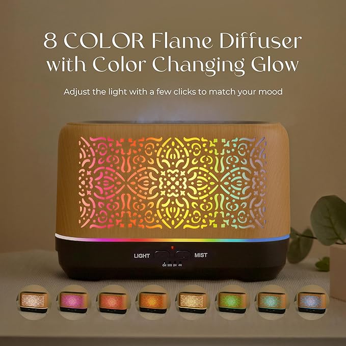 Earnest Living Essential Oil Diffuser Classic Flame Diffuser 200ml Timers Night Lights and Auto Off Function Home Office Humidifier Aromatherapy Diffusers for Essential Oils Wood