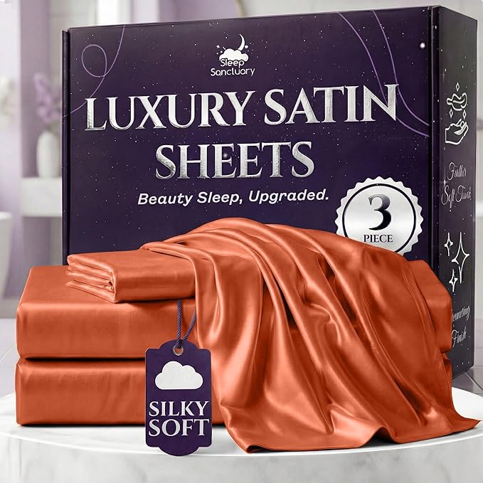 SLEEP SANCTUARY Satin Sheets Twin Size – 3 Piece Luxury Silky Bed Set, Softer Than Silk, 15" Deep Pocket, Cooling & Wrinkle-Free, Moisture-Wicking & Breathable for Hair & Skin (Burnt Orange)