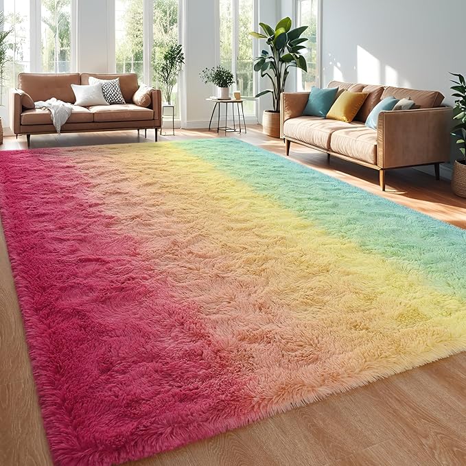 Pink-Cyan Area Rugs 4x6 Feet Rug for Bedroom Living Room, Cute Indoor Gradient Carpets, Plush Soft Rug for Kids Room, Fluffy Rugs for Girls Boys Nursery Room Home Decor