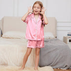 QPANCY Kids Satin Pajamas Sets Baby Boy Girl Button-Down Silk Sleepwear 2 Piece Short Sleeve Loungewear Clothes Set