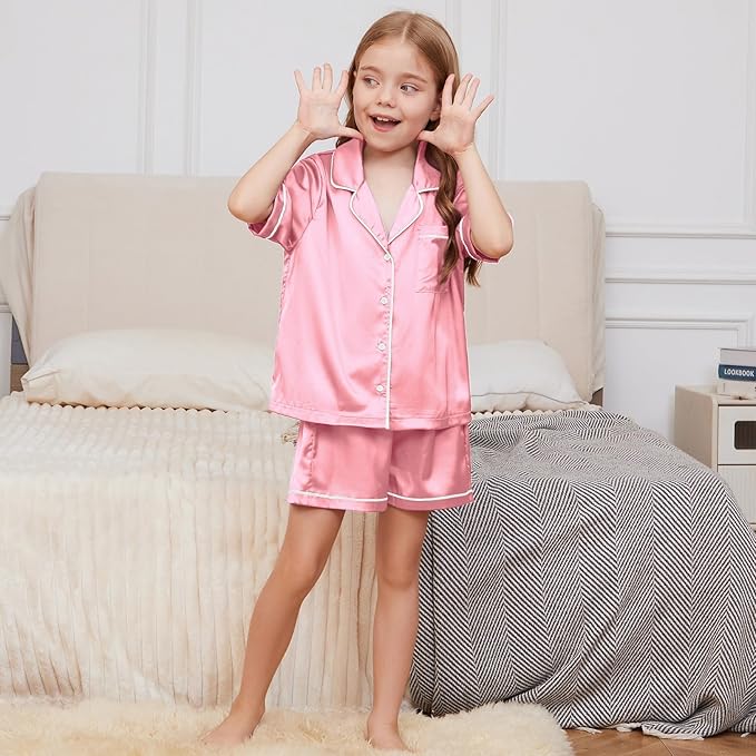 QPANCY Kids Satin Pajamas Sets Baby Boy Girl Button-Down Silk Sleepwear 2 Piece Short Sleeve Loungewear Clothes Set