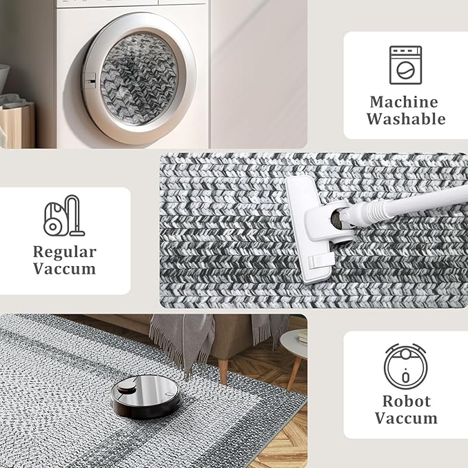 Modern Bordered Round Area Rug 4ft Washable Bedroom Circle Rugs Non Slip Stain Resistant Dining Room Round Throw Carpet Contemporary Circle Mats for Living Room Kitchen Nursery, Grey