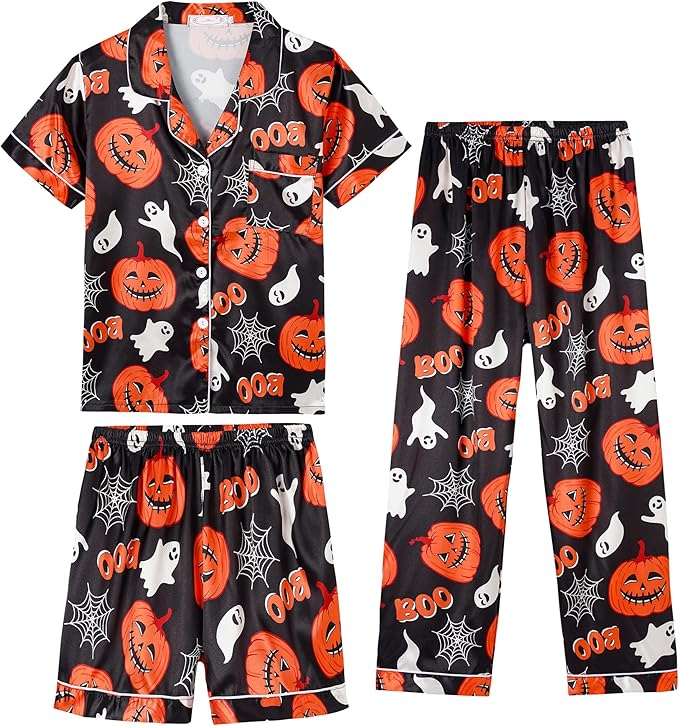 Hupohoi Unisex Girls Boys Kids Pajama Sets Button Down Satin Sleepwear Nighty 3PCS Silky Lounge Sets Nightwear