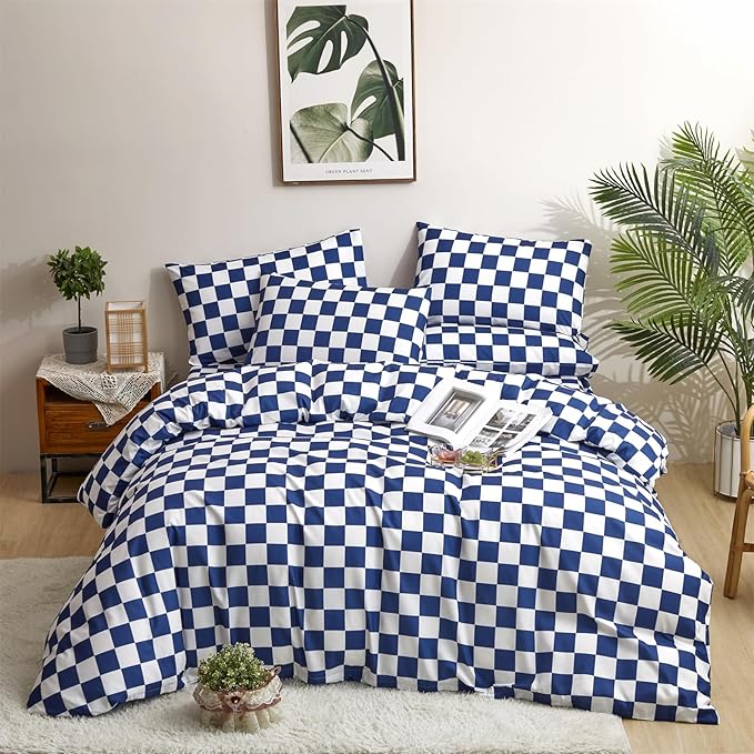 CLOTHKNOW Blue White Plaid Queen Comforter Set 3Pcs Grid Bedding Comforter Sets Checkerboard Comforter Royal Blue White Comforter with 2 x Pillow Cases