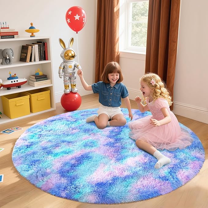 Blivonta Rainbow Round Rug for Bedroom, 4Ft Fluffy Circle Area Rugs for Living Room, Shag Fuzzy Carpet for Kids Room, Nursery, Dorm, Classroom, Teen, Cute Baby Play Mat Home Decor Aesthetic, Blue