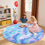 Blivonta Rainbow Round Rug for Bedroom, 4Ft Fluffy Circle Area Rugs for Living Room, Shag Fuzzy Carpet for Kids Room, Nursery, Dorm, Classroom, Teen, Cute Baby Play Mat Home Decor Aesthetic, Blue