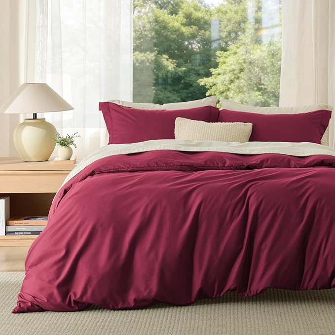 Bedsure Duvet Cover Queen Size - Soft Double Brushed Bedding Set for Kids & Adults, Zipper Closure, 3 Pieces, Includes 1 Duvet Cover (90"x90") & 2 Pillow Shams, NO Comforter, Burgundy Red