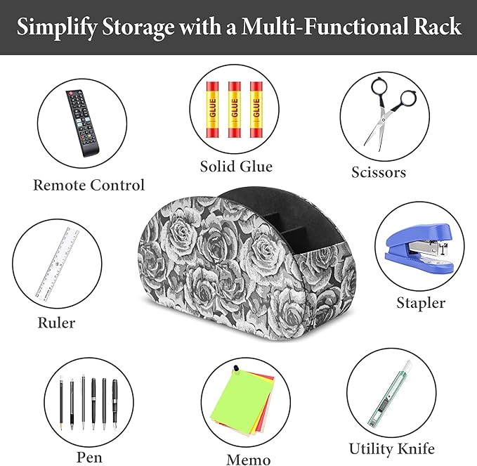 QIELIZI Remote Control Holder, PU Leather Remote Caddy Desktop Organizer with 5 Spacious Compartments for TV Remotes/Media Controllers/Office Supplies (1-3D Black Grey