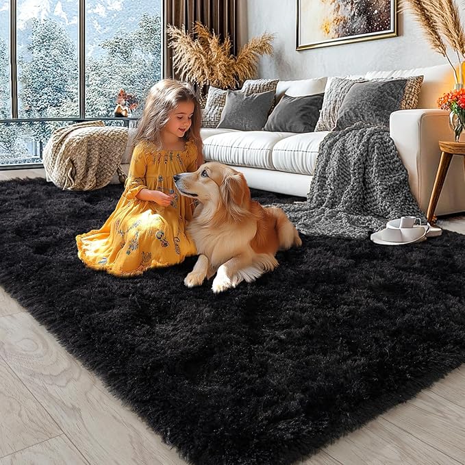 KING DARE 8x10 Area Rugs for Living Room, Soft Plush Fluffy Shaggy Fuzzy Furry Large Black Rug, Anti-Slip Washable Modern Big Floor Carpet for Bedroom Aesthetic Home Decor
