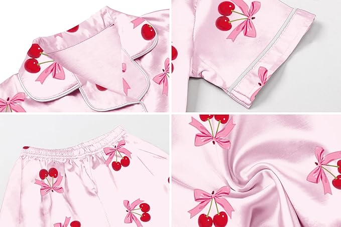 Umeyda Women & Girls Pajamas Set, Soft Satin Lightweight Silk Button-Down Top with Shorts 2 Piece PJS for Mom Boys Kids Gifts