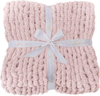 Bigacogo Chunky Knit Throw Blanket for Couch, 40x80 inches, 100% Hand Knitted with Thick Jumbo Chenille Yarn, Cozy Soft Large Rope Knot Cable Crochet Blankets for Sofa Bed Living Room, Rose Tan