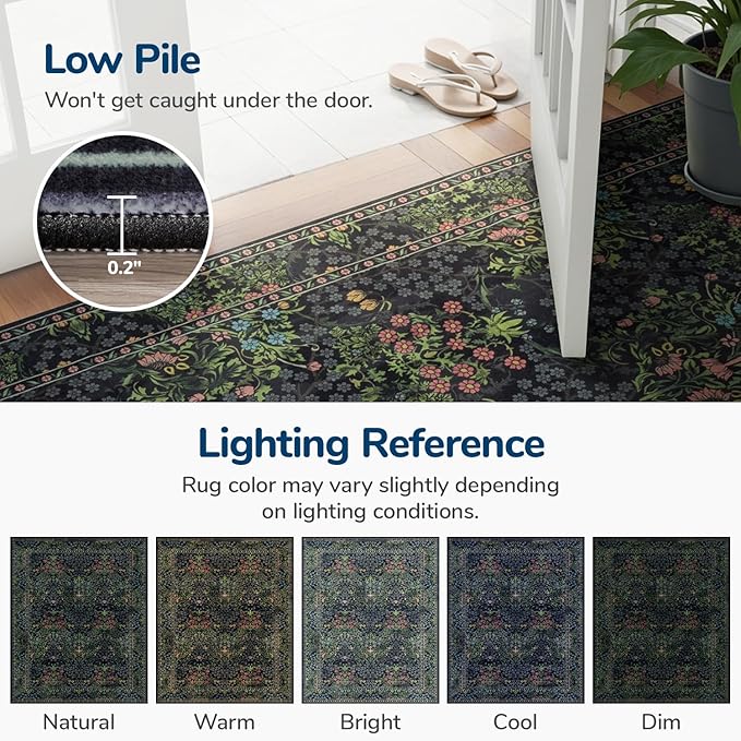 Lessymo Kitchen Runner Rug Washable, Long Non Skid Hallway Runner Rugs Black 2x6 Boho Vintage Floral Botanical Door Mat for Entryway, Laundry Room, Bathroom Rugs with Rubber Backed, Black Green