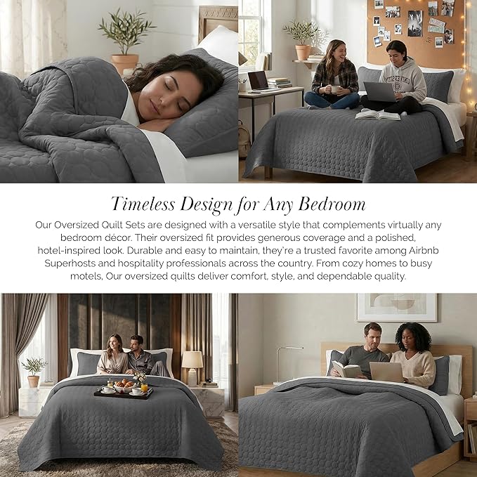 Southshore Fine Living, Inc. Oversized California King Quilts Bedding Set, Lightweight Quilt, Soft Coverlet, 3-Piece Bedspread Set with Two Matching Quilted Pillow Shams, King/California Size, Slate