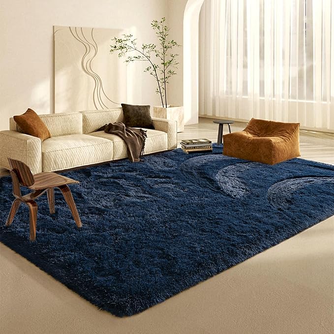 Navy Blue Area Rug 8x10 Large Rugs for Living Room Bedroom, Fluffy Soft Rug Modern Carpets for Kids Room, Non-Skid Rectangular Indoor Rug for Girls Boys Playroom Nursery Room Home Decor