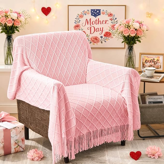 inhand Pink Knitted Throw Blanket for Couch Bed,Mothers Day/Mom Birthday Gifts for Mom from Daughter Son,Romantic Decor for Her Him Girlfriend Wife, Farmhouse Warm Woven for Women,60"x80"