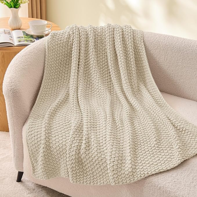 BEDELITE Chunky Cable Knit Throw Blanket for Couch,Super Soft Cozy Woven Blanket for Room Decor,60"x80", Beige