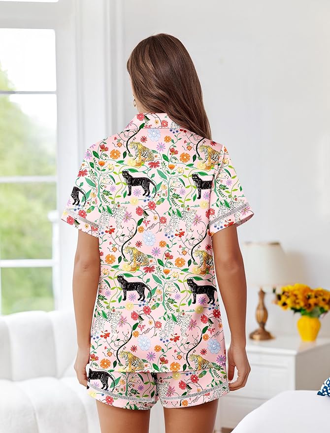 Ekouaer Womens Silk Pajama Sets Button Up Satin Pjs Short Sleeve 2 Piece Pj Sets Cute Lounge Sets with Chest Pocket