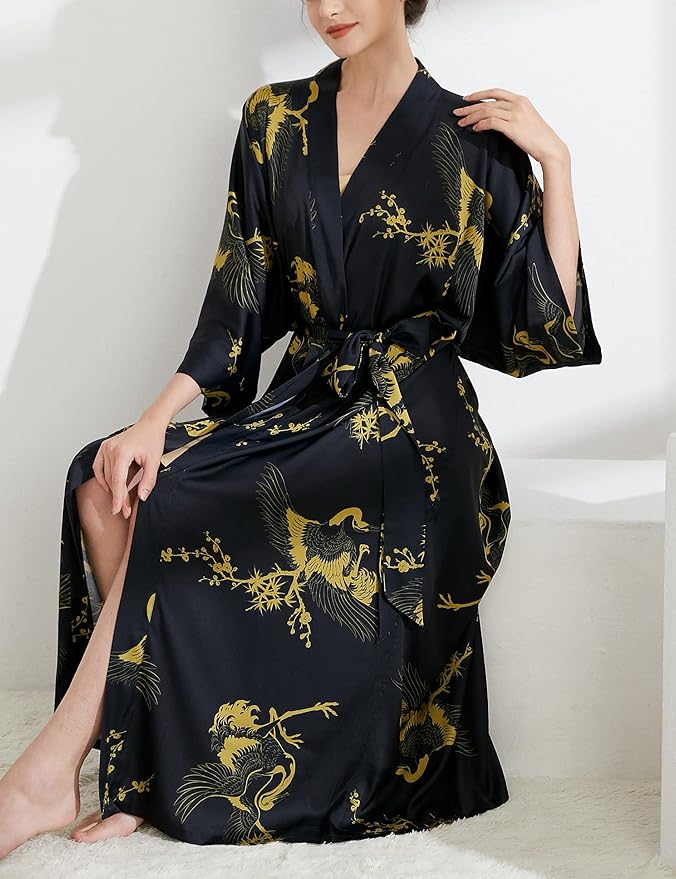 Aensso Long Soft Lightweight Silky Kimonos Robes for Women, Luxury Japanese Floral Womens Kimono Robe