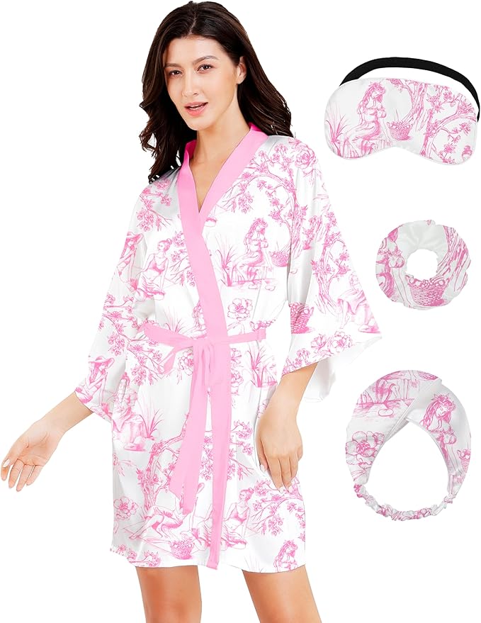 EPLAZA Silk Robes for Women Satin Robe Short Sexy Print Flower Kimono Loungewear Wedding Bridal Party