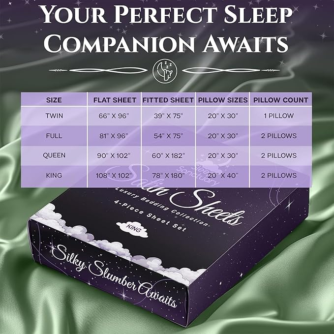 SLEEP SANCTUARY Satin Sheets King Size – 4 Piece Luxury Silky Bed Set, Softer Than Silk, 15" Deep Pocket, Cooling & Wrinkle-Free, Moisture-Wicking & Breathable for Hair & Skin (Sage Green)