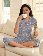 Ekouaer Women's Sleepwear Capri Pajama Sets Short Sleeve Two-Piece Pjs V Neck Tops & Capri Pants with Pockets S-3XL