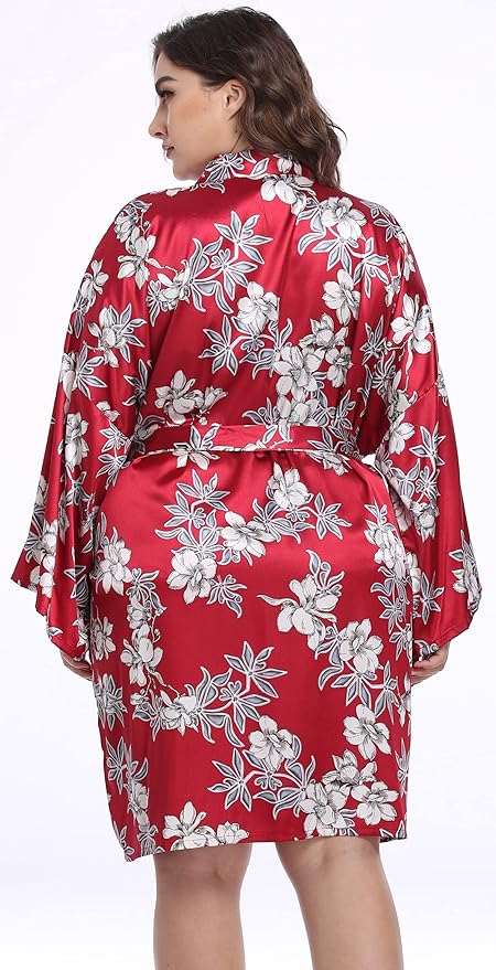 Women's Plus Size Satin Kimono Robes Short Silk Bathrobe Bridesmaid Wedding Party Nightgown Sleepwear