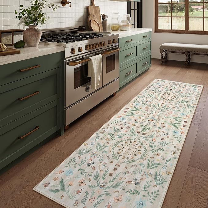 Lahome Chloe Insect Botanical 2'6"x8 Hallway Runner Rug,Kitchen Runner Rugs Non Skid Washable Bathroom Carpet Runners, Soft Non-Slip Indoor Rug Runners for Entryway Laundry Bedroom(Beige,2'6"x8)