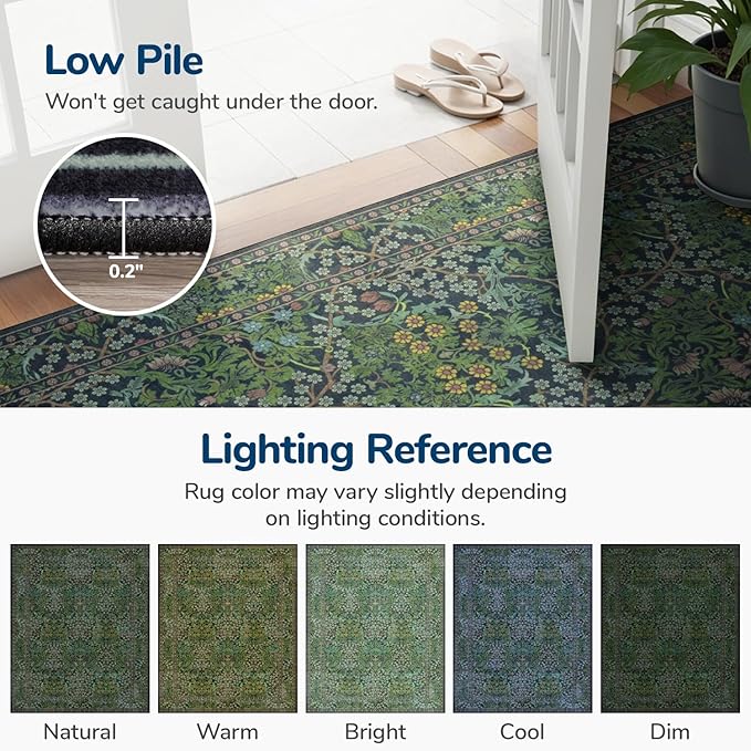 Lessymo Washable Hallway Runner Rug 2x10, Non Slip 8ft Long Floor Runner for Kitchen, Entryway Indoor, Stain Resistant Soft Boho Vintage Floral Botanical Carpet, Forest Green