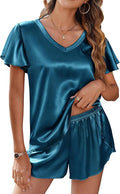Ekouaer Women Satin Pajamas Set Ruffle Sleeves Silk Pj Set Soft V Neck Sleepwear Loungewear