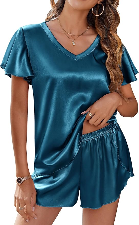 Ekouaer Women Satin Pajamas Set Ruffle Sleeves Silk Pj Set Soft V Neck Sleepwear Loungewear