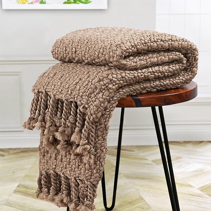 Chunky Knit Throw Blanket with Braided Tassels 50" x 60", Hand Knitted Soft Thick Yarn Basket Weave Boho Farmhouse Blanket, Plush Fluffy Tassel Decor Throw for Couch Bed Sofa, Brown