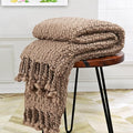 Chunky Knit Throw Blanket with Braided Tassels 50" x 60", Hand Knitted Soft Thick Yarn Basket Weave Boho Farmhouse Blanket, Plush Fluffy Tassel Decor Throw for Couch Bed Sofa, Brown