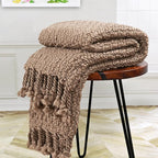 Chunky Knit Throw Blanket with Braided Tassels 50" x 60", Hand Knitted Soft Thick Yarn Basket Weave Boho Farmhouse Blanket, Plush Fluffy Tassel Decor Throw for Couch Bed Sofa, Brown