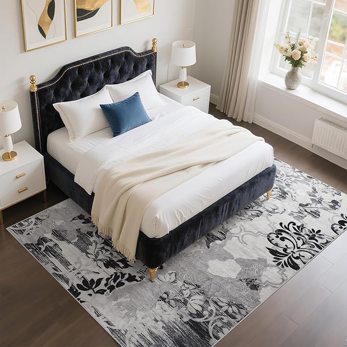 CRYPTOLITE Living Room Rug Washable Abstract Rugs with Non-Slip Backing Low Pile Area Rug for Living Room, Bedroom, Dining Room, 6x9, Grey