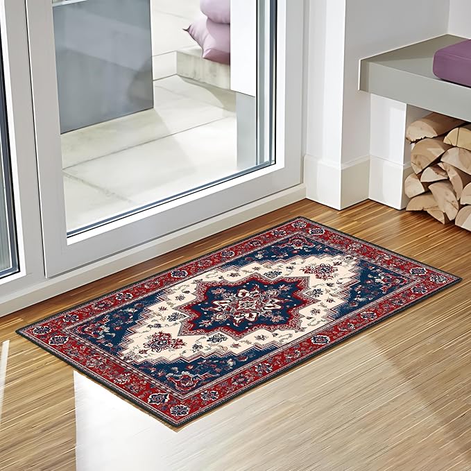 Area Rug 2x3 ft Entry Rug Washable Boho Rugs Non Slip Rubber Backing Low Pile Floral Door Mat Small Carpet for Bedroom, Bedside, Kids Room