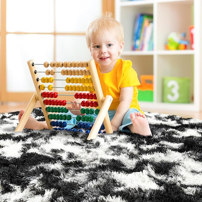 Noahas Door Mat Indoor Entrance,2x3 Shaggy Small Tie-Dyed Black and White Area Rugs for Entryway,Non-Slip Fluffy Entry Bedroom Rug,Soft Plush Bedside Throw Kids Carpet