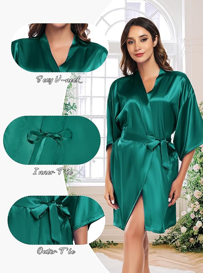 Women's Short Satin Robe Silky Bathrobes Bridal Bridesmaid Kimono Robe V-Neck Sleepwear S-XXL