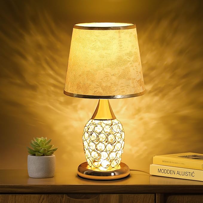 WSYEAR Crystal Table Lamp, Modern Lamp with Rose Flower Shade, LED Night Light with On/Off Switch Crystal Lamp for Living Room, Girl Bedroom, Dresser, Office