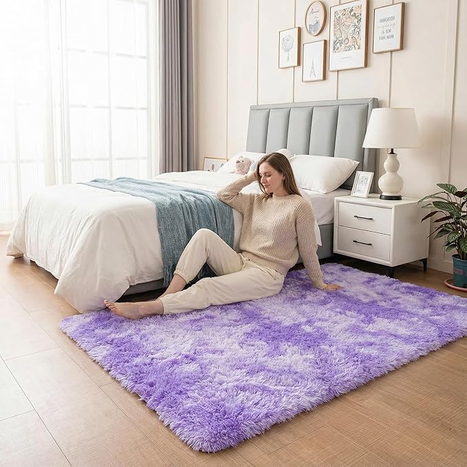 duduta Purple Plush Rugs for Bedroom 4x6 ft, Tie Dye Fluffy Carpet for Living Room, Shag Rug for Kids Room Dorm Nursery Playroom