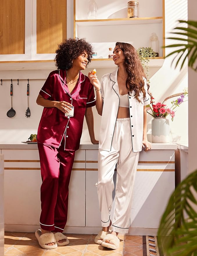 Ekouaer Satin Pajamas Set Women Short Sleeve Sleepwear Soft Button Down Loungewear Pjs Set
