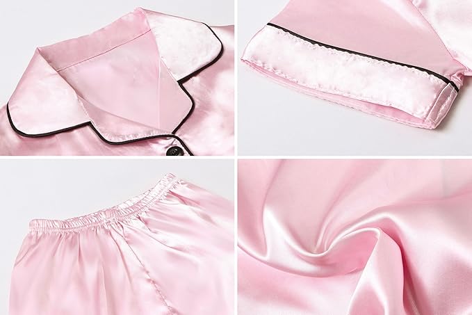 Umeyda Women & Girls Pajamas Set, Soft Satin Lightweight Silk Button-Down Top with Shorts 2 Piece PJS for Mom Boys Kids Gifts
